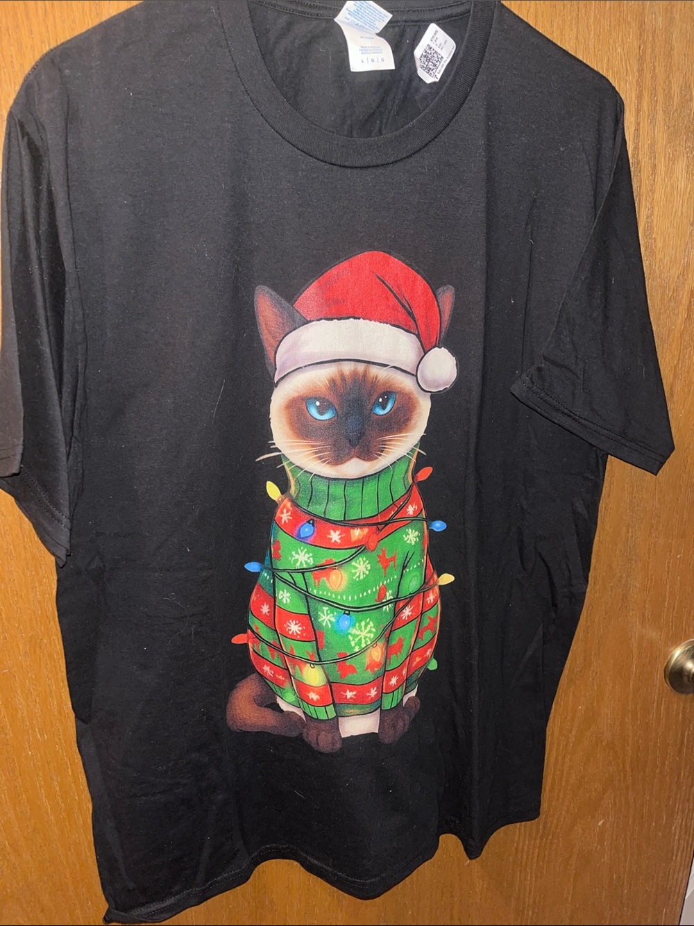Port and Company Black Tee with Festive Cat Graphic